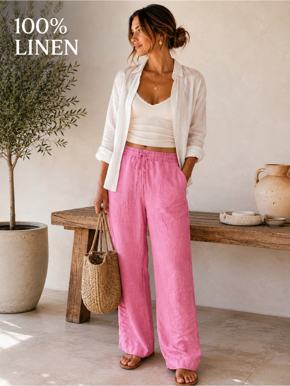 Charter Club Pink 100% Linen Drawstring Pants | Relaxed Wide Leg | Women’s Small
